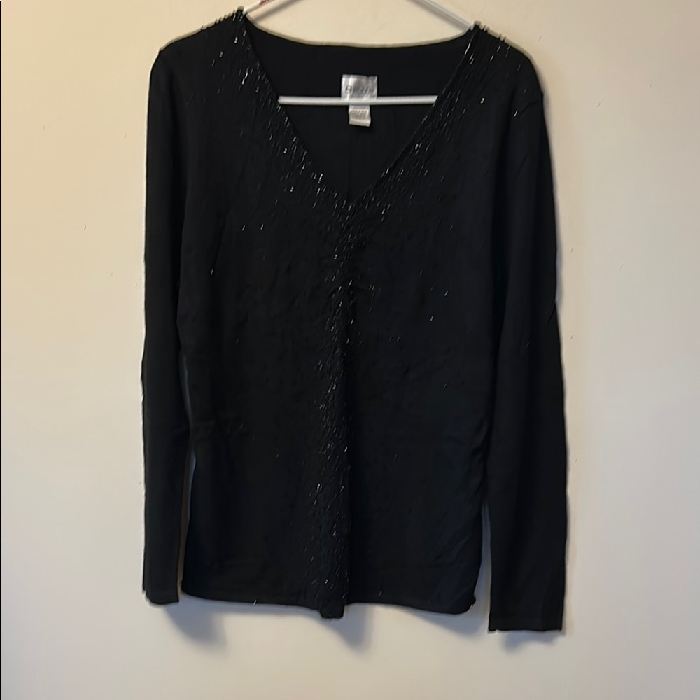 Chico’s black long sleeved V-neck beaded sweater size 1 new condition size 1